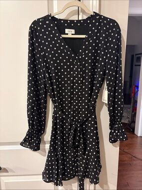 CeCe Black and White Polka Dot Long Sleeve Tie-Waist Dress